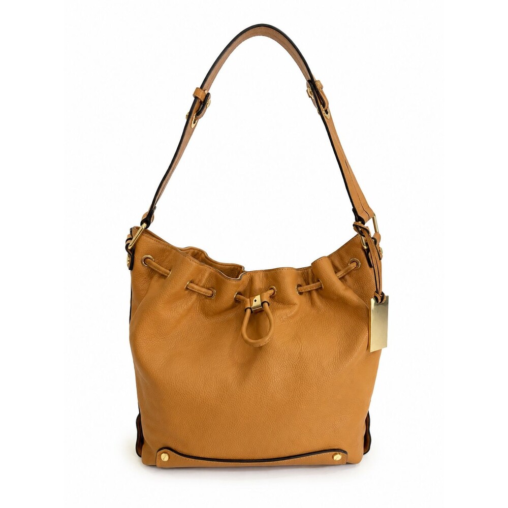 Vince Camuto Jill Leather Brown Camel Bucket Shoulder Bag Drawstring Purse **